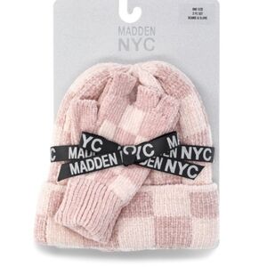 MADDEN NYC PINK CHECKER PLAID BEANIE & GLOVES SET